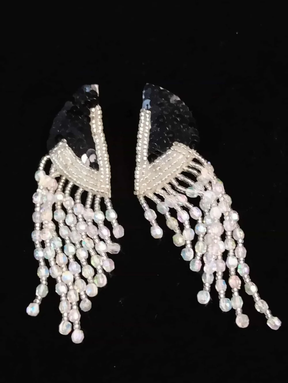 80's Black Sequin Beaded Fringe Earrings Dramatic Dangle Pierced